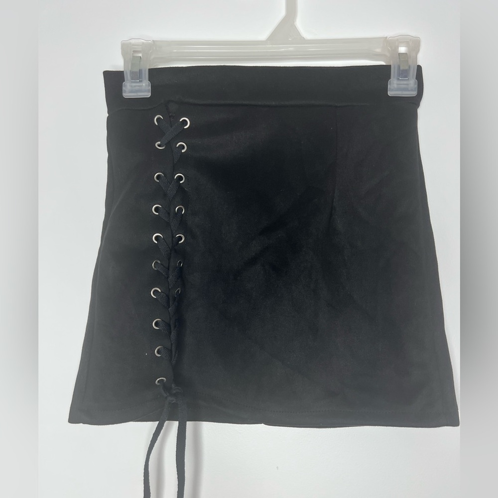 Black suede tie mini skirt